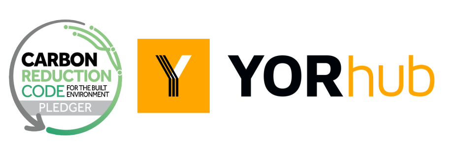 The CRCBE Pledger badge and the YORhub logo