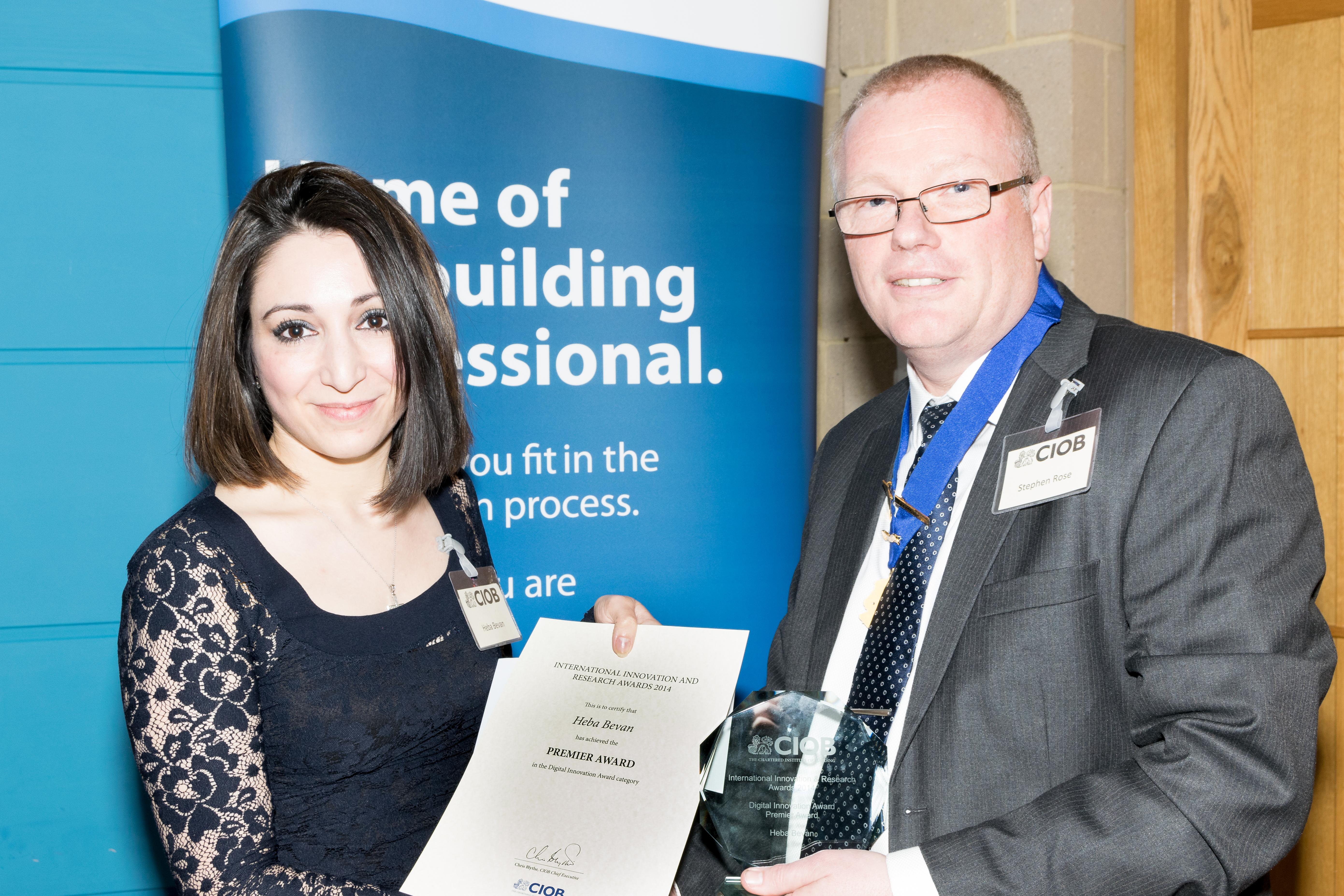 Heba Bevan & Stephen Rose, MCIOB UtterBerry wins Premier Award at CIOB International Innovation & Research Awards