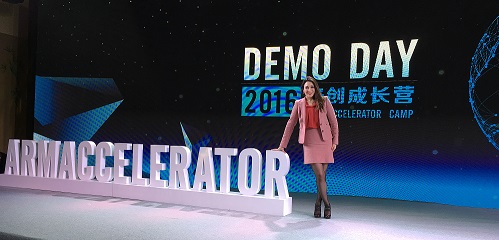 Heba Bevan on stage before Arm accelerator Demo day